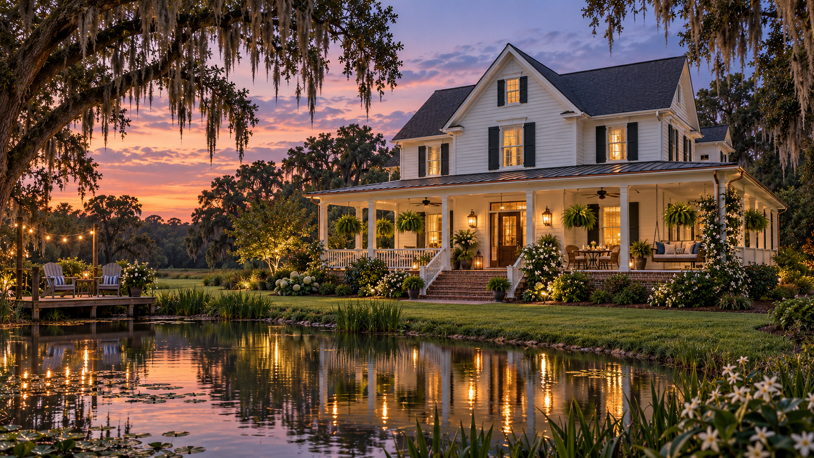 White Southern farmhouse with a wraparound porch beside a pond at twilight